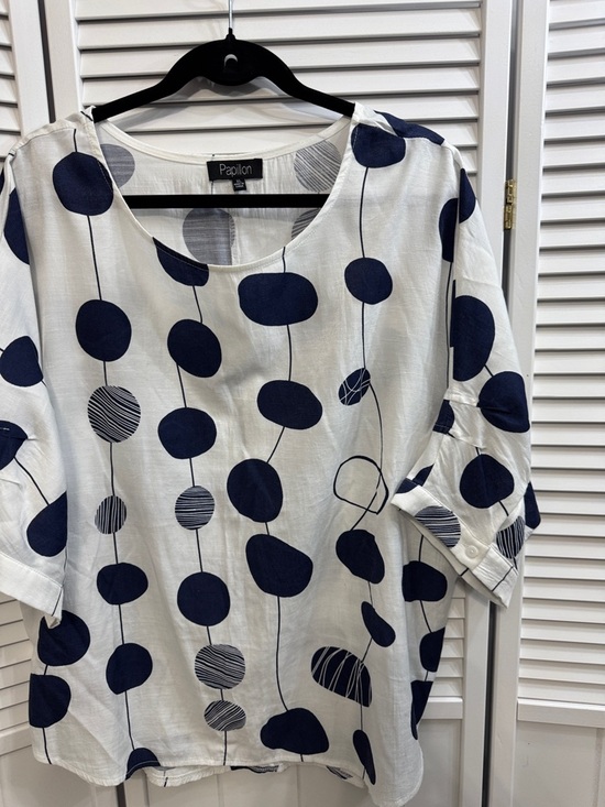 Papillon Blanc Tops - Papillon Blanc White and Navy Polka-Dot Relaxed Scoop Neck Tunic